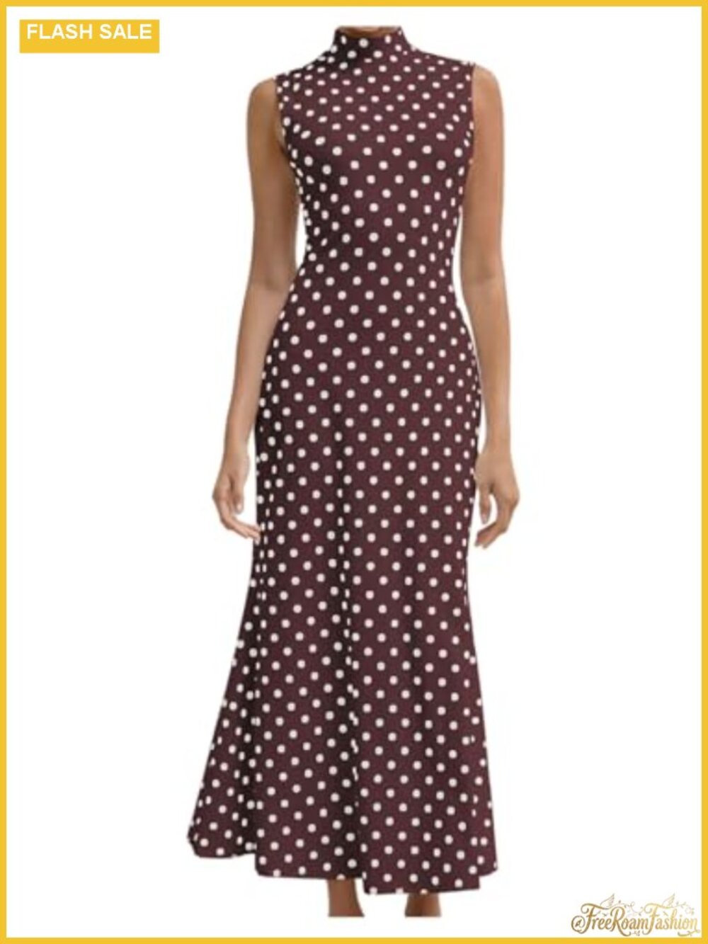 Polka Dots Maxi Tank Dress Mock Neck Sleeveless Bodycon Fishtail